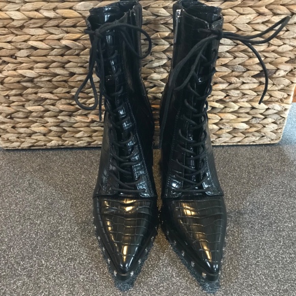 Charles David "Duffy" Black Mid-Calf Pointy Studded Zip/ Lace-up Boots E… - Picture 3 of 16